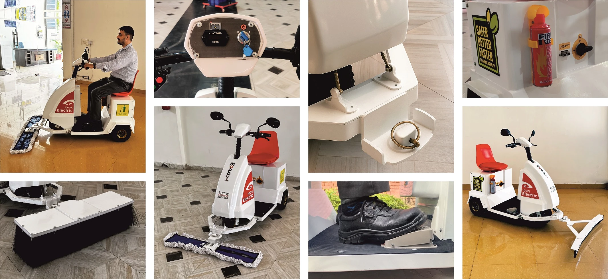 Moppy cleaning machine collage showcasing multiple views and use cases